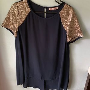 Navy & Gold Sequin Short Sleeve Dress Top